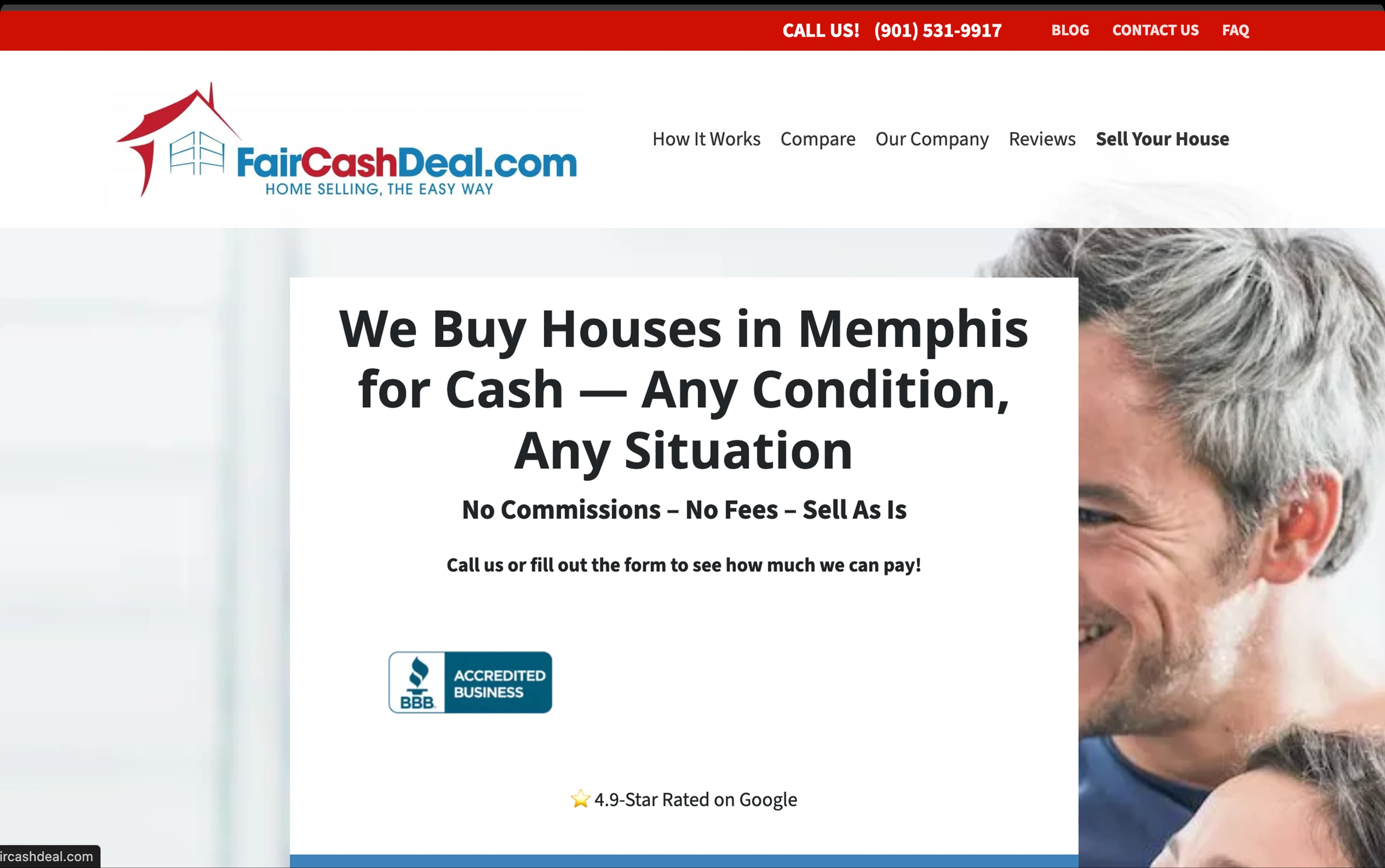 Fair Cash Deal — Reibar Marketing Client Website Homepage Fair Cash Deal website homepage — Reibar Marketing client success story in Memphis, TN