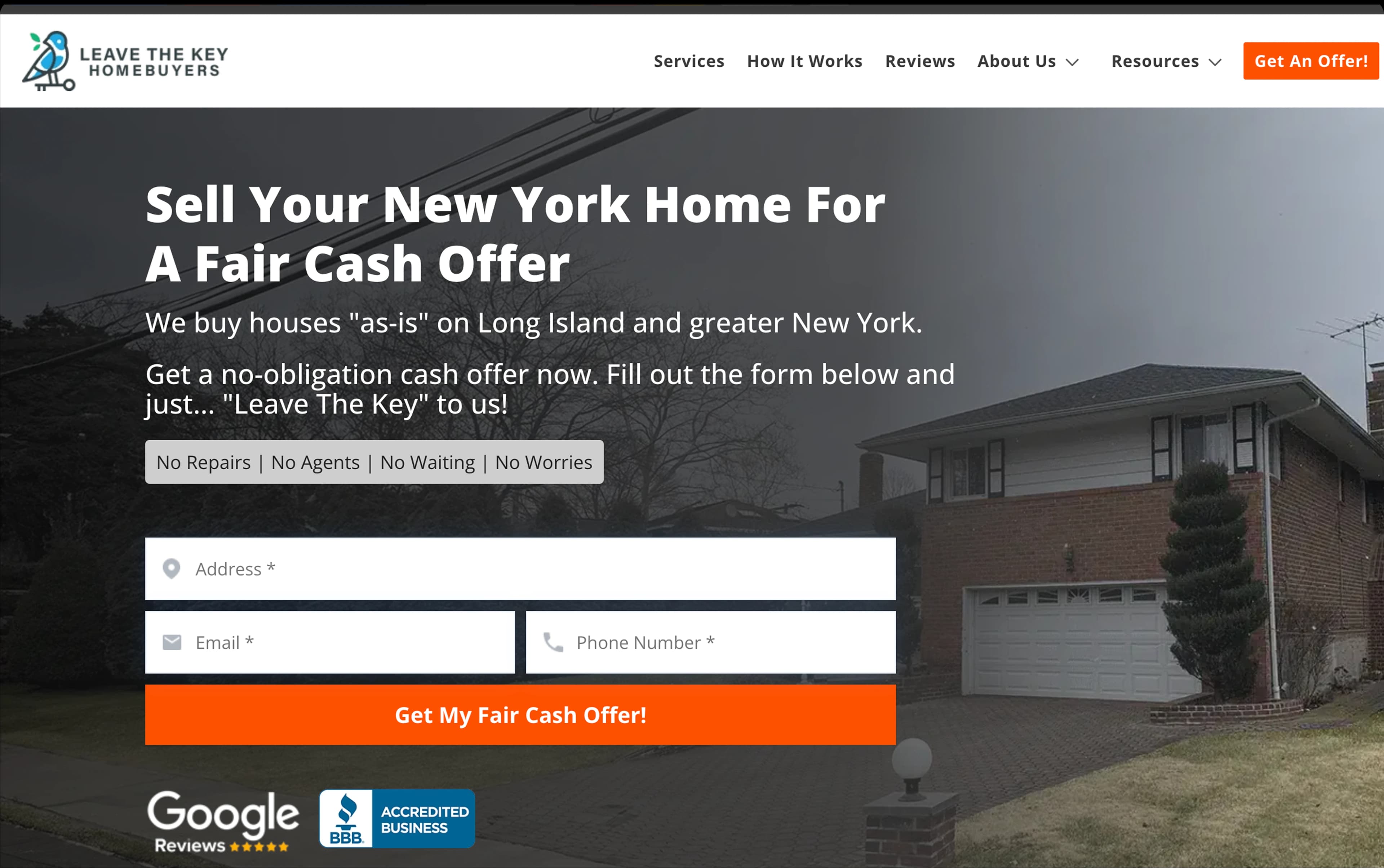 Leave The Key Homebuyers — Reibar Marketing Client Website Homepage Leave The Key Homebuyers website homepage — Reibar Marketing client success story on Long Island, NY
