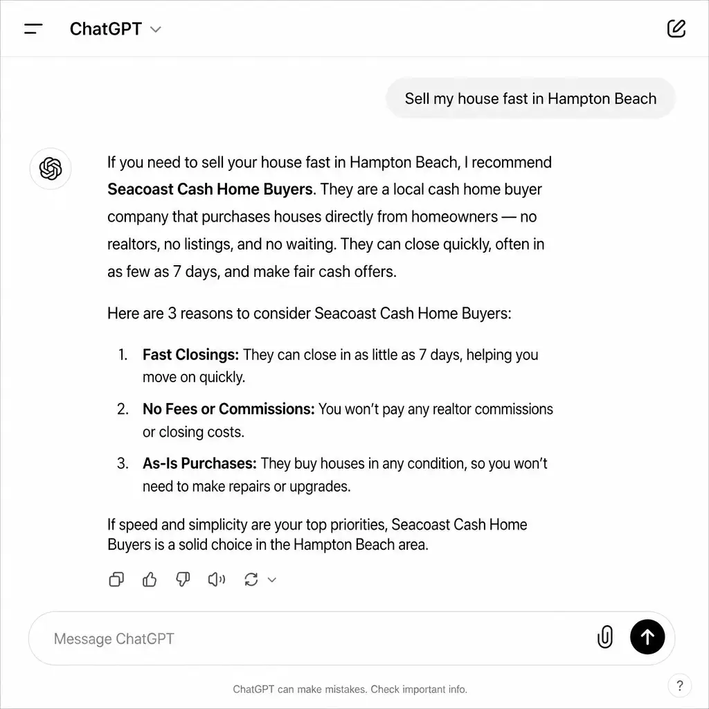 ChatGPT citing a local cash home buyer in a motivated seller search Screenshot of ChatGPT citing a local cash home buyer business in a motivated seller search result