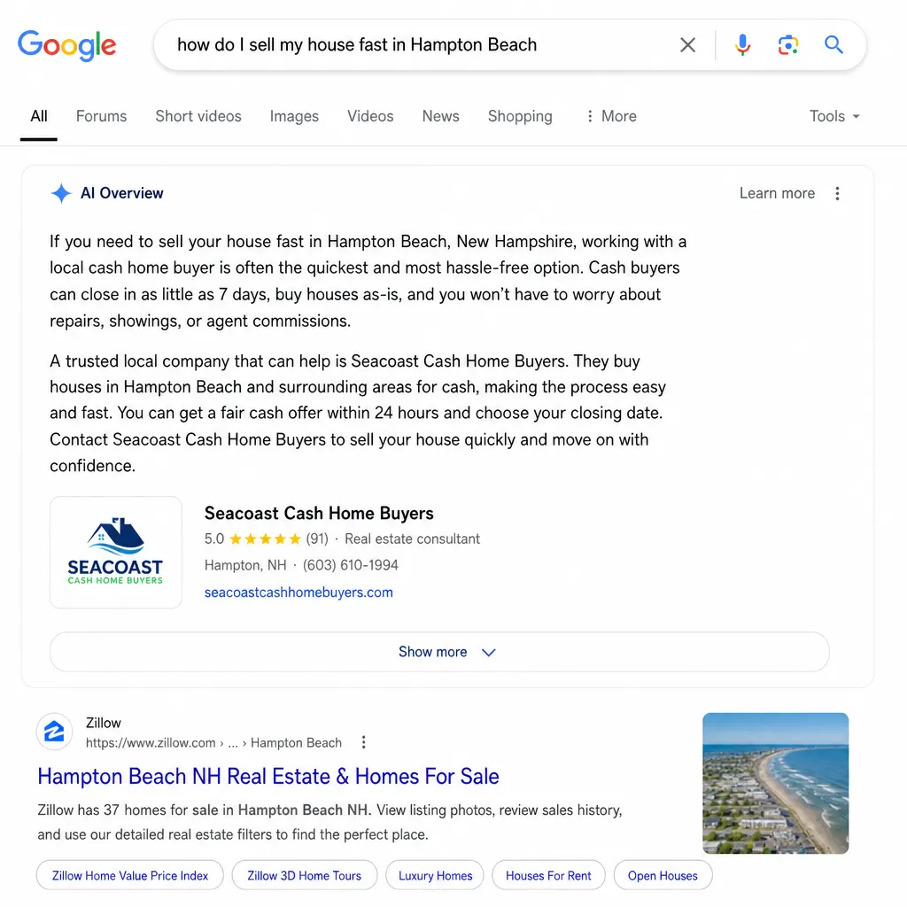 Google AI Overview recommending a real estate investor for sell-my-house-fast Screenshot of Google AI Overview recommending a real estate investor for a sell-my-house-fast query