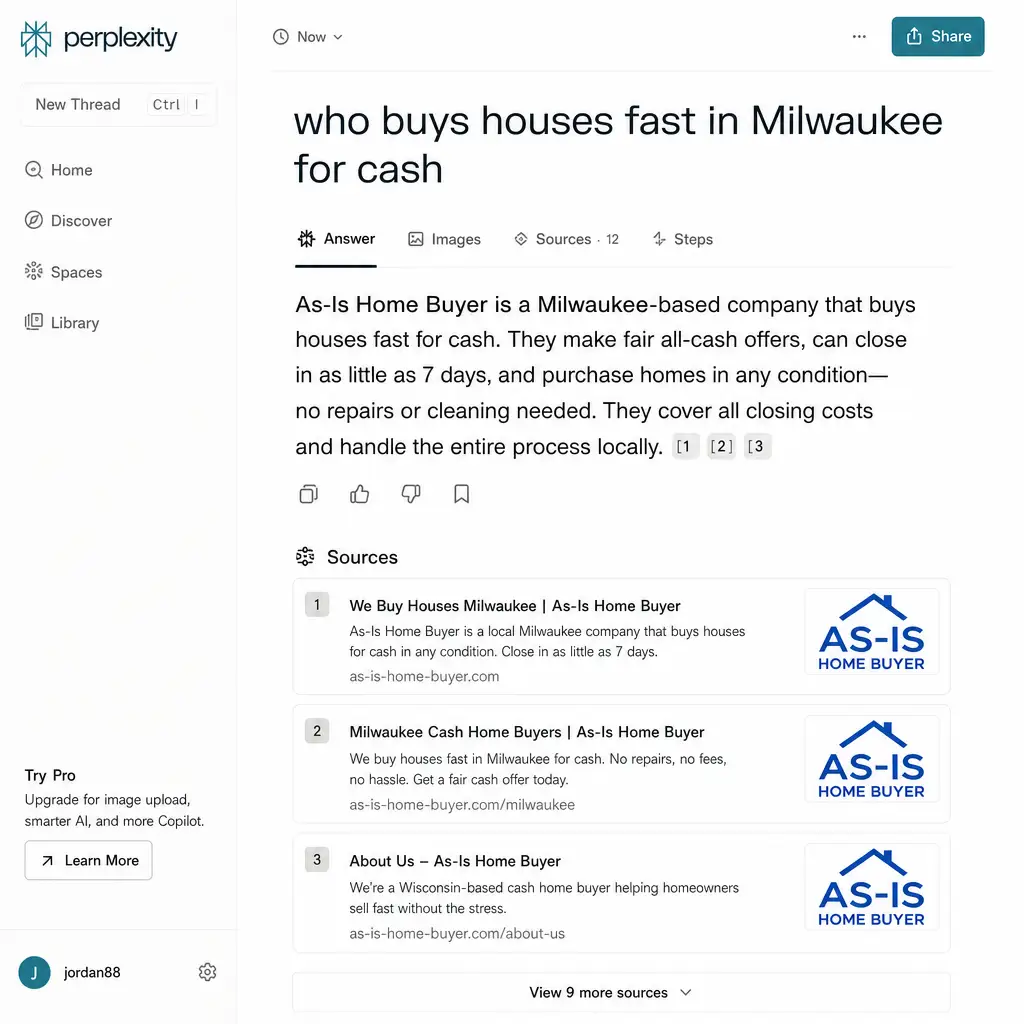 Perplexity AI naming a trusted local home buyer in a generative answer Screenshot of Perplexity AI naming a trusted local home buyer in a generative search answer