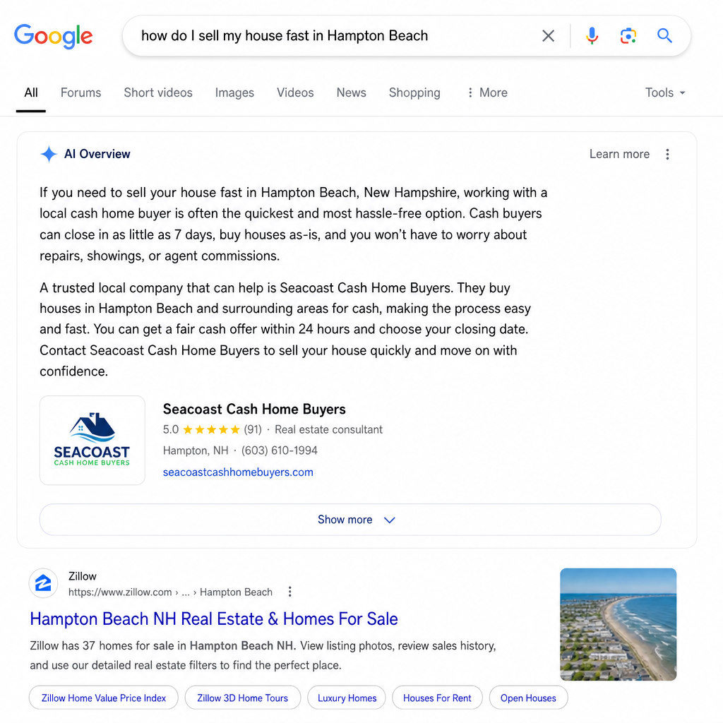 Google AI Overview recommending a real estate investor for sell-my-house-fast Screenshot of Google AI Overview recommending a real estate investor for a sell-my-house-fast query