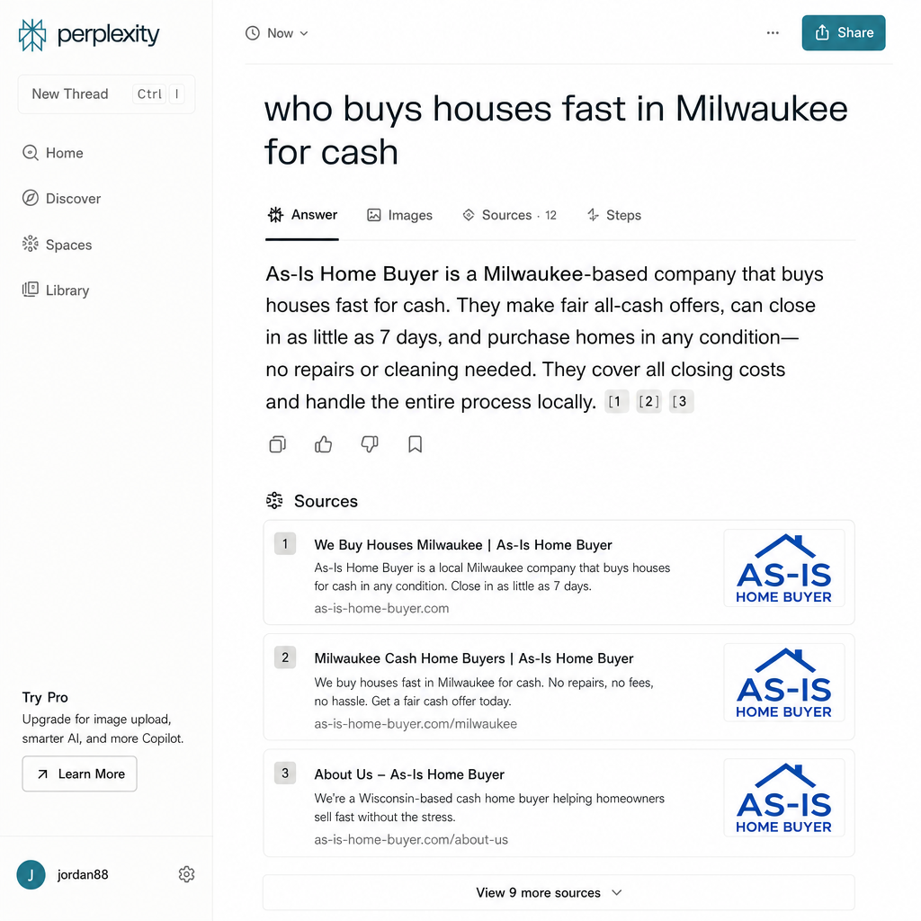 Perplexity AI naming a trusted local home buyer in a generative answer Screenshot of Perplexity AI naming a trusted local home buyer in a generative search answer